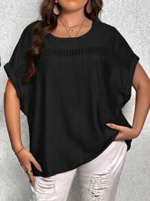 SHEIN LUNE Blusa con encaje en contraste de manga murciélago - Negro - Ver 1