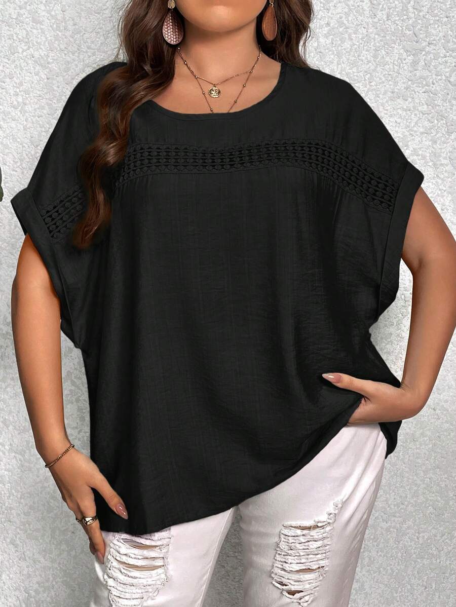 SHEIN LUNE Blusa con encaje en contraste de manga murciélago - Negro - Ver 1