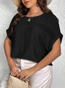 SHEIN LUNE Blusa con encaje en contraste de manga murciélago - Negro - Ver 4