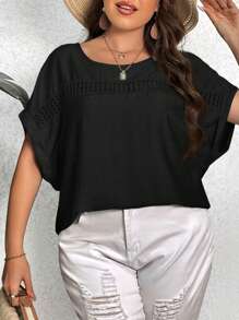 SHEIN LUNE Blusa con encaje en contraste de manga murciélago - Negro - Ver 5