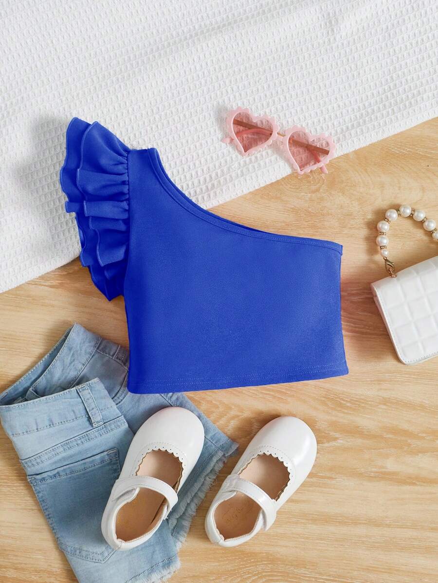 SHEIN Toddler Girls One Shoulder Ruffle Trim Tee - Royal Blue - View 1
