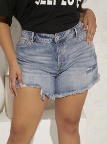 Plus High Waisted Frayed Hem Denim Shorts - Light Wash - View 1
