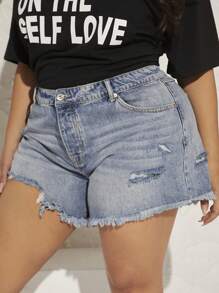 Plus High Waisted Frayed Hem Denim Shorts - Light Wash - View 4
