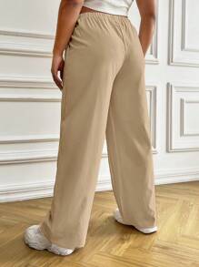 SHEIN EZwear Plus Drawstring Waist Wide Leg Pants - Khaki - View 2