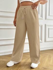 SHEIN EZwear Plus Drawstring Waist Wide Leg Pants - Khaki - View 4
