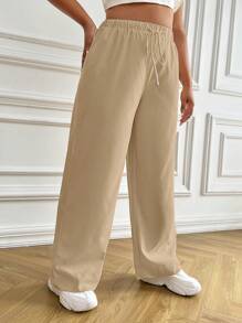 SHEIN EZwear Plus Drawstring Waist Wide Leg Pants - Khaki - View 5