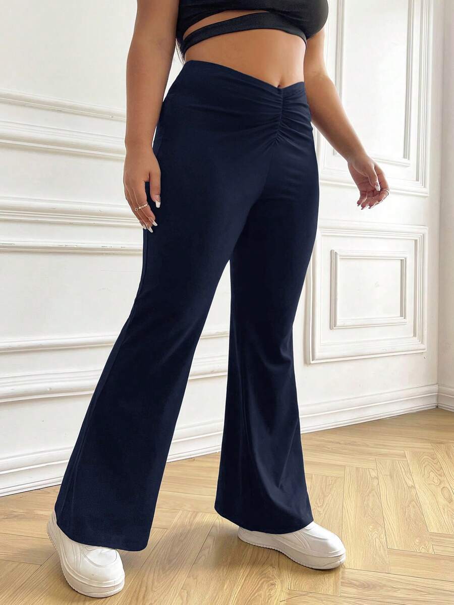 SHEIN EZwear 加大码褶皱前摆喇叭裤春季服装 - 藏蓝色 - 查看 1