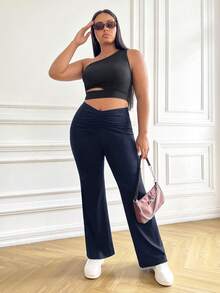 SHEIN EZwear 加大码褶皱前摆喇叭裤春季服装 - 藏蓝色 - 查看 4