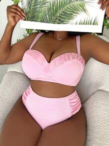 SHEIN Swim Curve Summer Beach Plus Size Ruched Push Up Bikini Set - Baby Pink - View 1