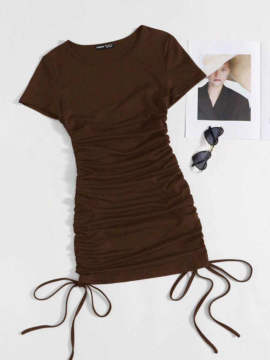 SHEIN EZwear Đầm Plus Size Dây kéo Xù Gân đan màu trơn Giải trí - màu nâu - Xem 1