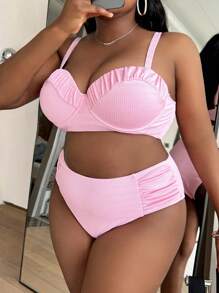 SHEIN Swim Curve Summer Beach Plus Size Ruched Push Up Bikini Set - Baby Pink - View 3