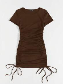 SHEIN EZwear Đầm Plus Size Dây kéo Xù Gân đan màu trơn Giải trí - màu nâu - Xem 3