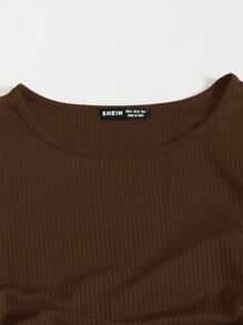 SHEIN EZwear Đầm Plus Size Dây kéo Xù Gân đan màu trơn Giải trí - màu nâu - Xem 4