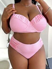 SHEIN Swim Curve Summer Beach Plus Size Ruched Push Up Bikini Set - Baby Pink - View 4
