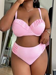 SHEIN Swim Curve Summer Beach Plus Size Ruched Push Up Bikini Set - Baby Pink - View 5