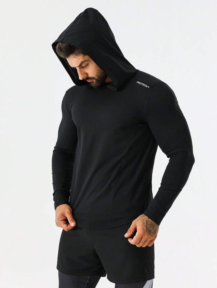Manfinity Running 男士字母图案连帽运动卫衣 - 黑色 - 查看 1