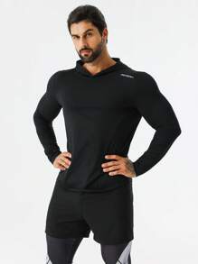 Manfinity Running 男士字母图案连帽运动卫衣 - 黑色 - 查看 4