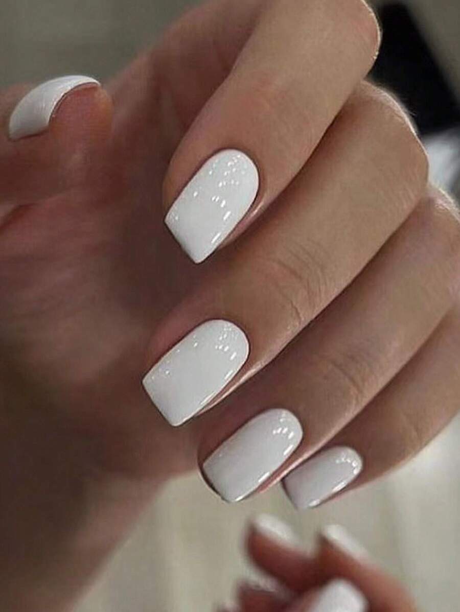 24pcs Short Square Plain Fake Nail & 1pc Nail File & 1sheet Tape Elegant Manicure Press-On Manicure Gel Nails Kit Nail Supplies - White - View 1