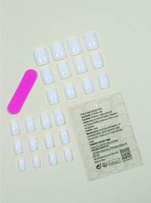 24pcs Short Square Plain Fake Nail & 1pc Nail File & 1sheet Tape Elegant Manicure Press-On Manicure Gel Nails Kit Nail Supplies - White - View 2