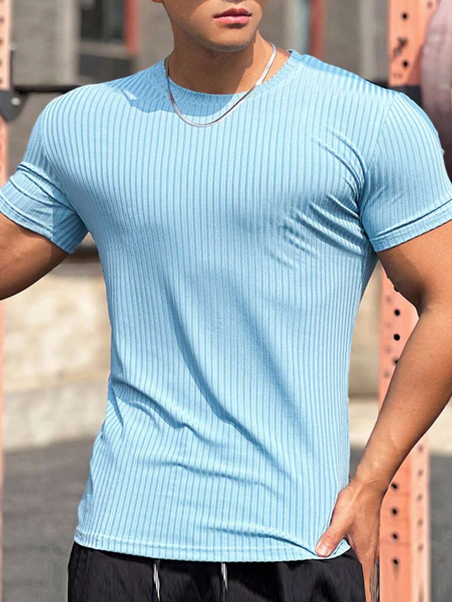 SHEIN Daily&Casual Men Solid Rib-knit Sports Tee - Blue - View 1