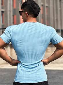 SHEIN Daily&Casual Men Solid Rib-knit Sports Tee - Blue - View 2