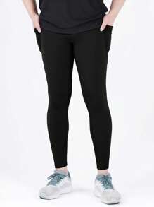 Manfinity Sport Corelite Boyfriend Style Men Solid Sports Tights With Phone Pocket Breathable Sweat-Wicking 4-Way Stretch Material Running Muscle Minimalist Design Slim Fit For Gym Compression Sports Tights