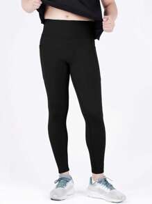 Manfinity Sport Corelite Boyfriend Style Men Solid Sports Tights With Phone Pocket Breathable Sweat-Wicking 4-Way Stretch Material Running Muscle Minimalist Design Slim Fit For Gym Compression Sports Tights