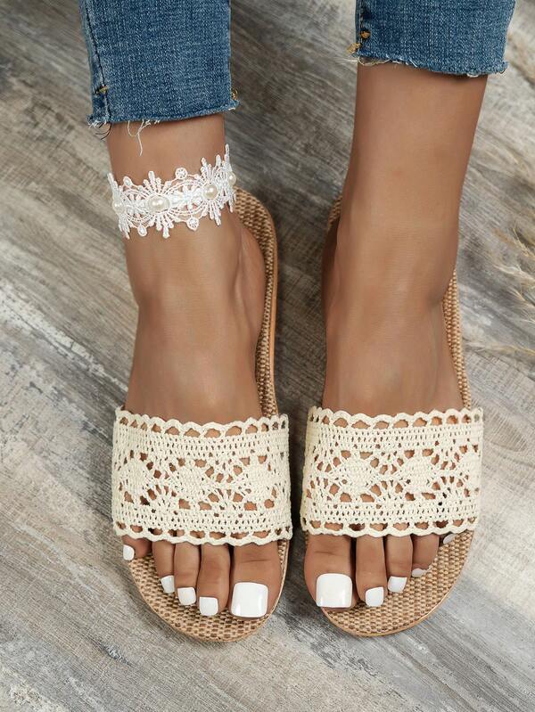 Fall/Winter Women Hollow Design Single Band Home Slippers, Vacation White Fabric Bedroom Slippers