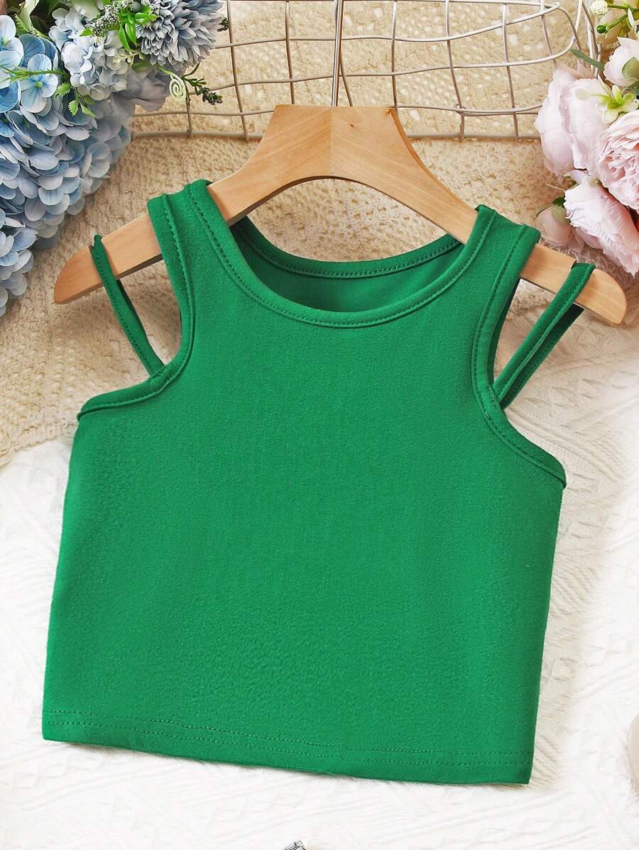 SHEIN Girls Solid Contrast Piping Tank Top - Green - View 1