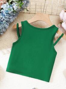 SHEIN Girls Solid Contrast Piping Tank Top - Green - View 2