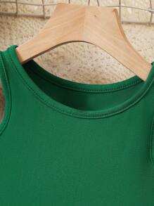 SHEIN Girls Solid Contrast Piping Tank Top - Green - View 3