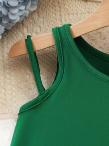 SHEIN Girls Solid Contrast Piping Tank Top - Green - View 4