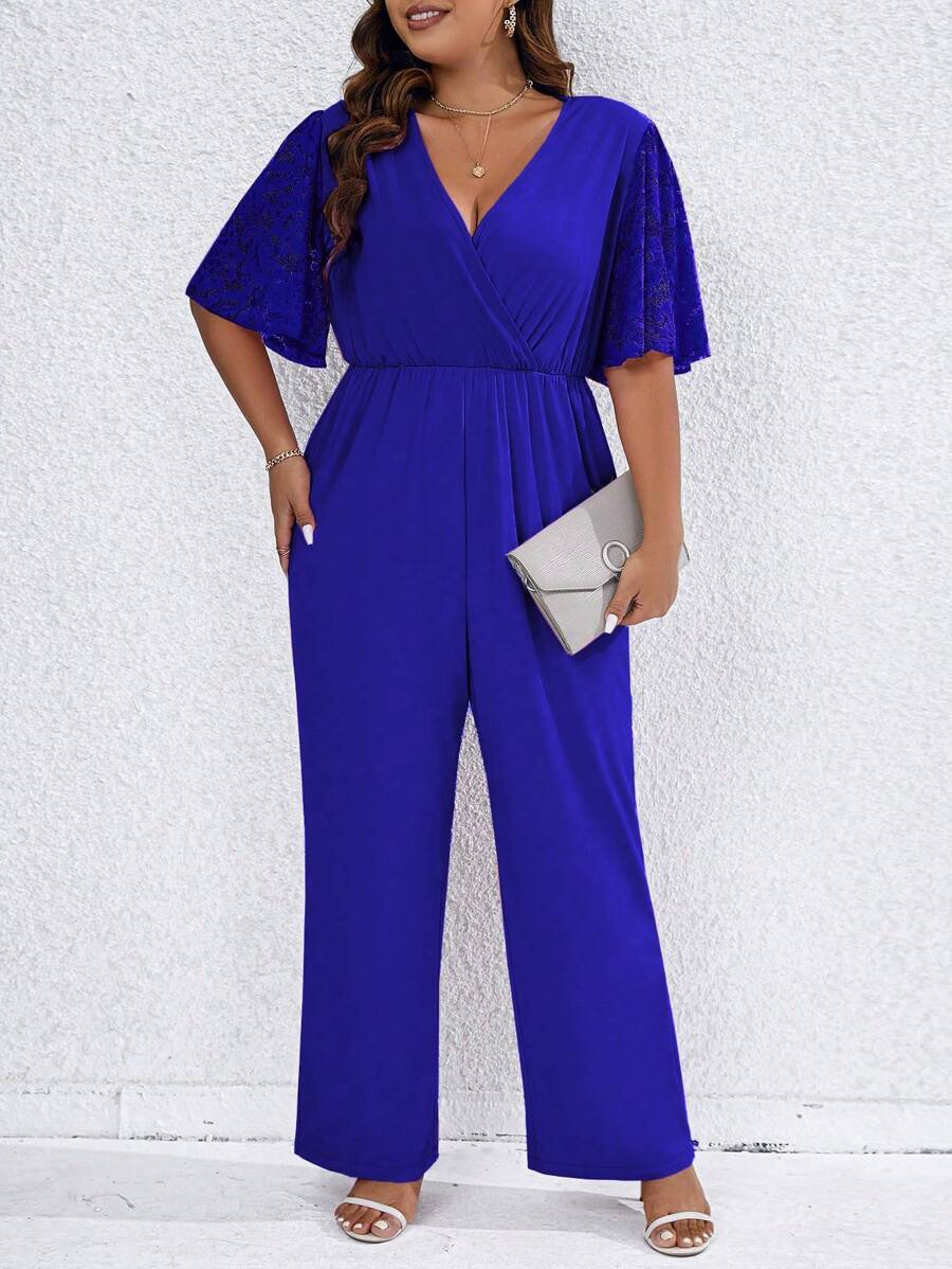 SHEIN Clasi Plus Contrast Lace Butterfly Sleeve Surplice Neck Wide Leg Jumpsuit - Royal Blue - View 1