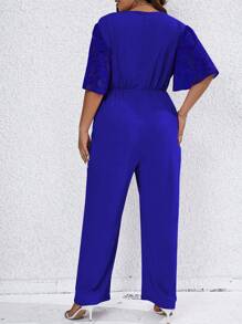 SHEIN Clasi Plus Contrast Lace Butterfly Sleeve Surplice Neck Wide Leg Jumpsuit - Royal Blue - View 2