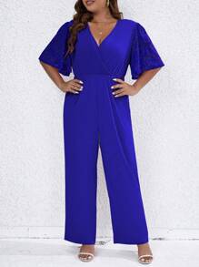 SHEIN Clasi Plus Contrast Lace Butterfly Sleeve Surplice Neck Wide Leg Jumpsuit - Royal Blue - View 3
