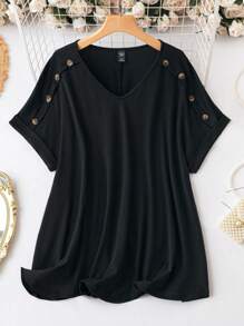 SHEIN LUNE Camiseta con diseño de botón de manga murciélago - Negro - Ver 1