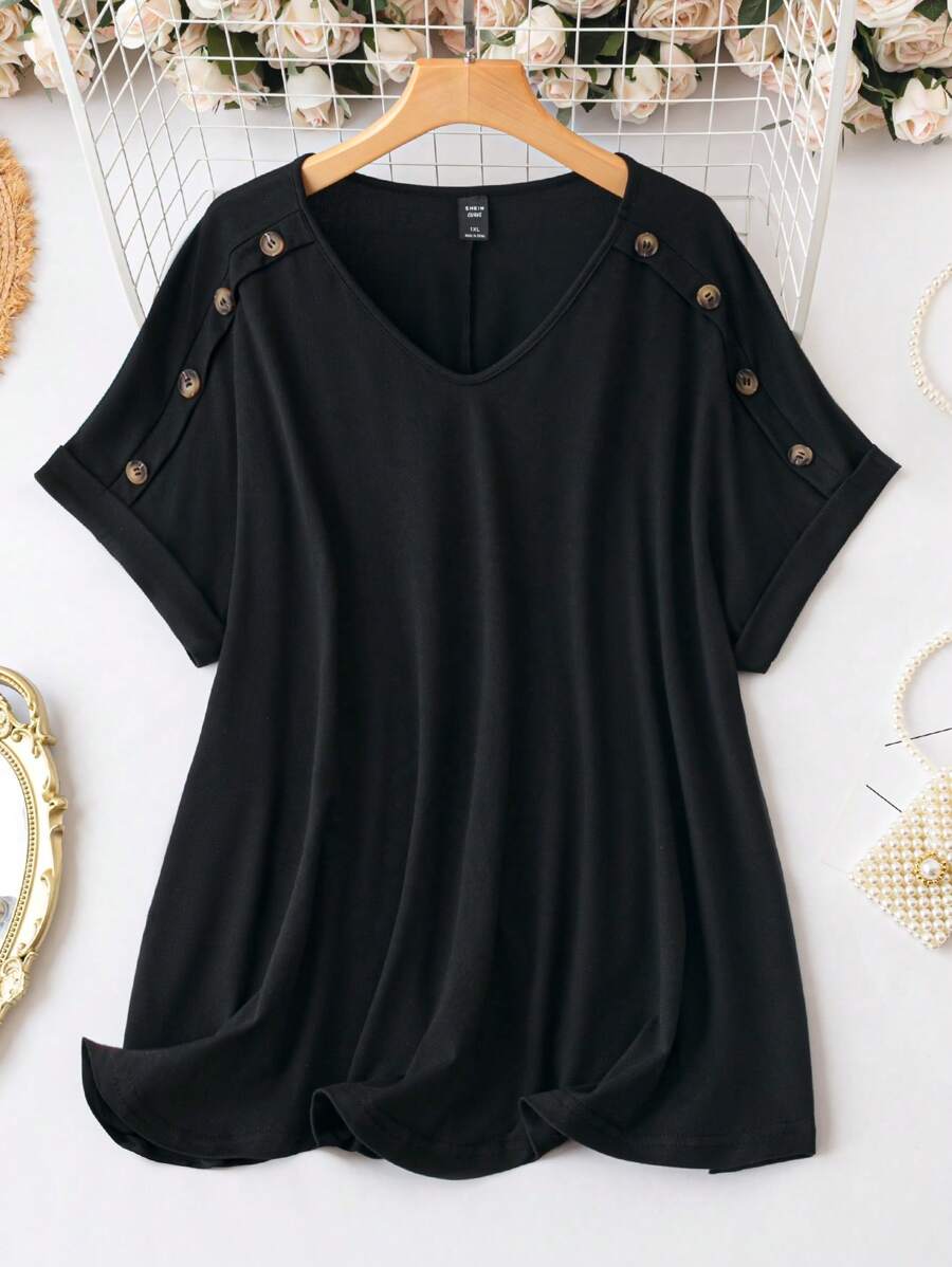 SHEIN LUNE Camiseta con diseño de botón de manga murciélago - Negro - Ver 1