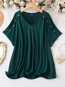 SHEIN LUNE Plus Button Detail Dolman Sleeve Tee - Dark Green - View 1