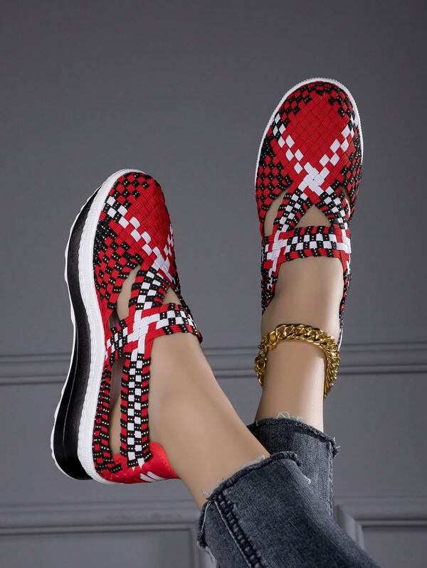 Women Geometric Pattern Cross Strap Wedge Sneakers, Sporty Outdoor Polyester Wedge Sneakers