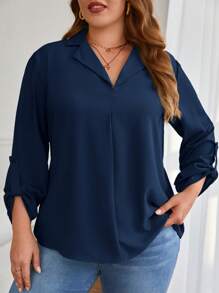 SHEIN Frenchy Plus Roll Tab Sleeve Solid Blouse - Navy Blue - View 1
