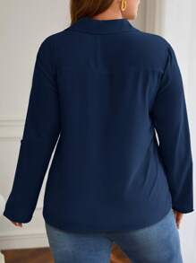SHEIN Frenchy Plus Roll Tab Sleeve Solid Blouse - Navy Blue - View 2