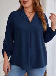 SHEIN Frenchy Plus Roll Tab Sleeve Solid Blouse - Navy Blue - View 4