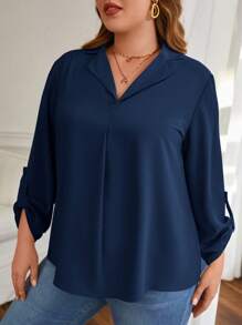 SHEIN Frenchy Plus Roll Tab Sleeve Solid Blouse - Navy Blue - View 5