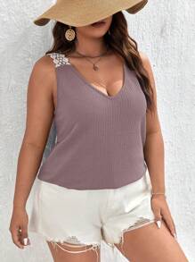 SHEIN Frenchy Áo hai dây Plus Size Tương phản ren Khối Màu Giải trí - Bụi tím - Xem 3