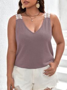 SHEIN Frenchy Áo hai dây Plus Size Tương phản ren Khối Màu Giải trí - Bụi tím - Xem 6