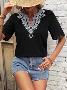SHEIN VCAY Blusa con encaje en contraste de cuello notch - Negro - Ver 6