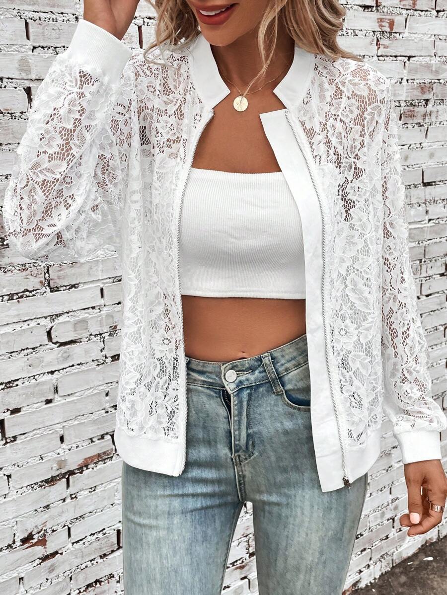 SHEIN LUNE Zip Up Lace Bomber Jacket - White - View 1