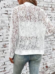 SHEIN LUNE Zip Up Lace Bomber Jacket - White - View 2