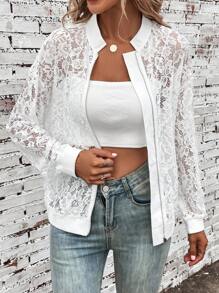 SHEIN LUNE Zip Up Lace Bomber Jacket - White - View 3