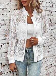 SHEIN LUNE Zip Up Lace Bomber Jacket - White - View 4